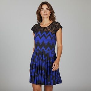 Julia Blue Black Chevron Lace Yoke Fit & Flare Dress Sz S/M